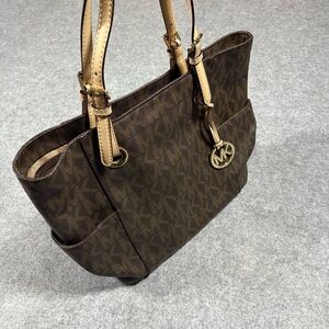 Michael Kors Brown Monogram Tote Bag – Gold MK Charm